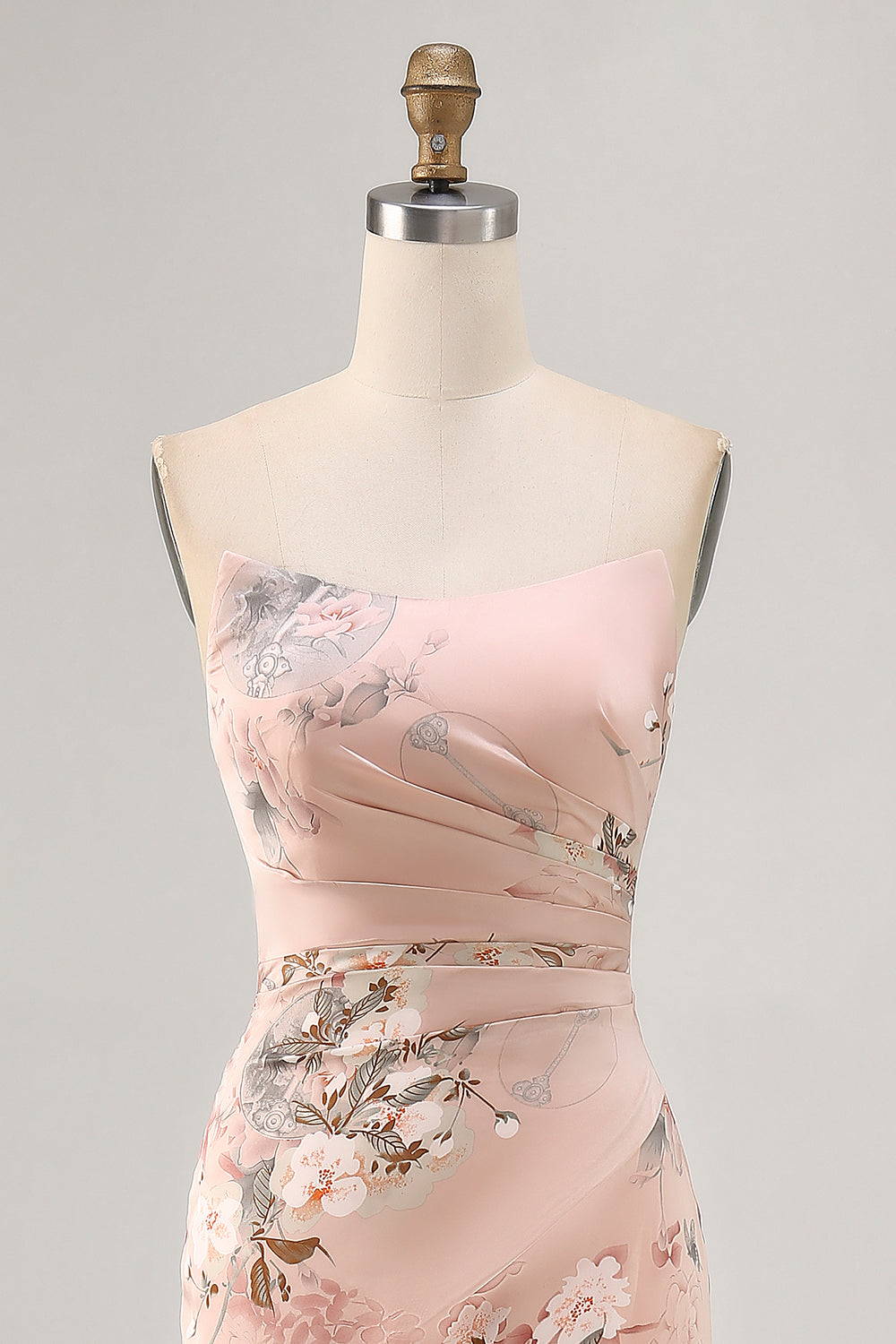 Blush Floral Strapless Sheath Bridesmaid Dress with Slit