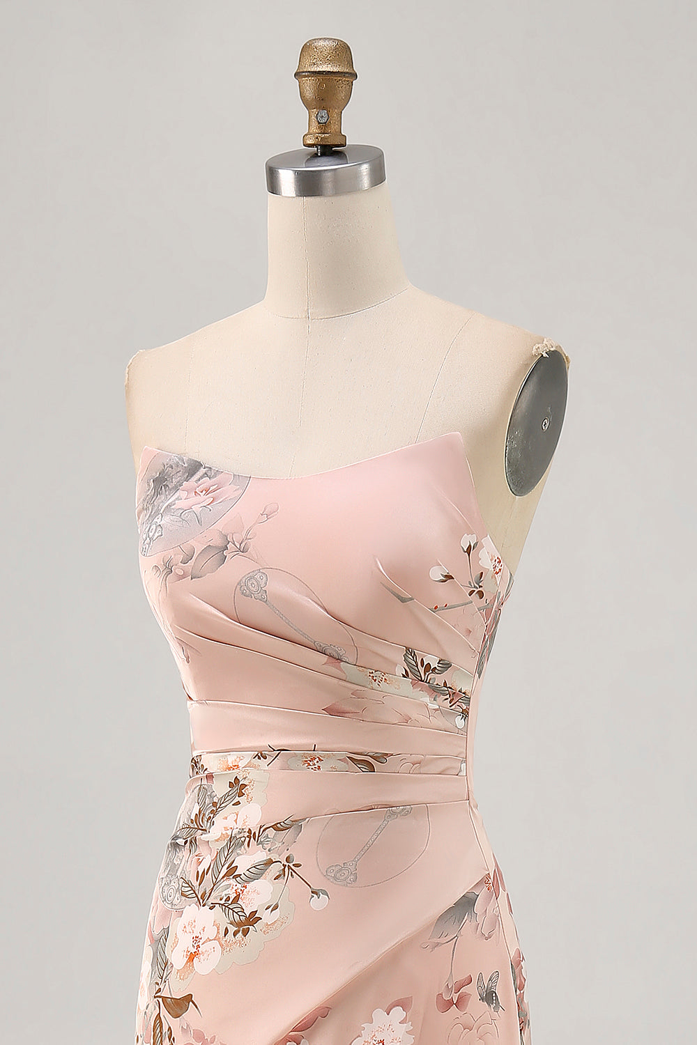 Blush Floral Strapless Sheath Bridesmaid Dress with Slit