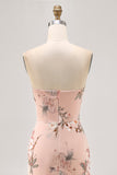 Blush Floral Strapless Sheath Bridesmaid Dress with Slit