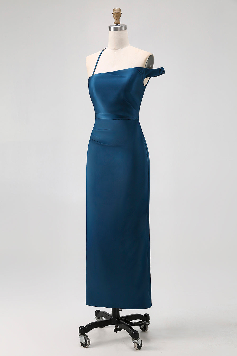 Ink Blue Sheath One Shoulder Satin Long Bridesmaid Dress