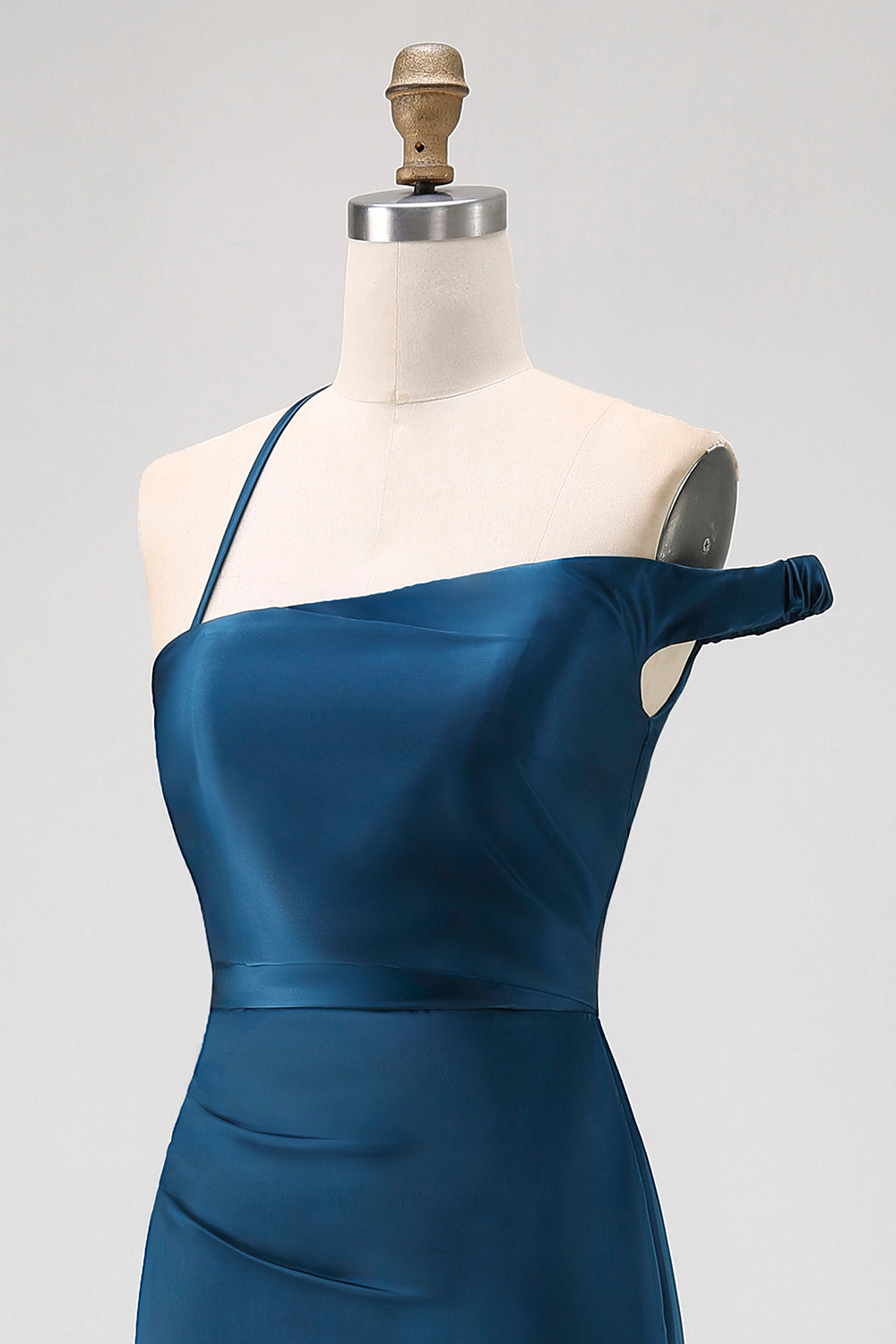 Ink Blue Sheath One Shoulder Satin Long Bridesmaid Dress