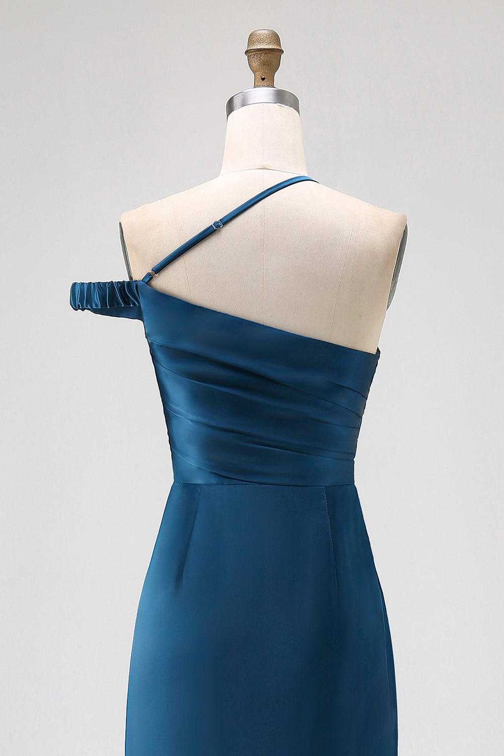 Ink Blue Sheath One Shoulder Satin Long Bridesmaid Dress