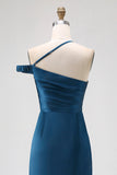 Ink Blue Sheath One Shoulder Satin Long Bridesmaid Dress