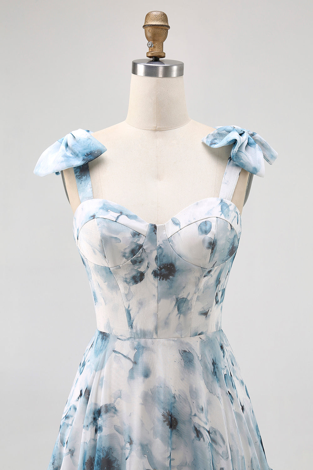 Blue Flower Printed A Line Long Bridesmaid Dress with Lace-up Back
