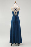 Dark Blue Spaghetti Straps A Line Long Bridesmaid Dress
