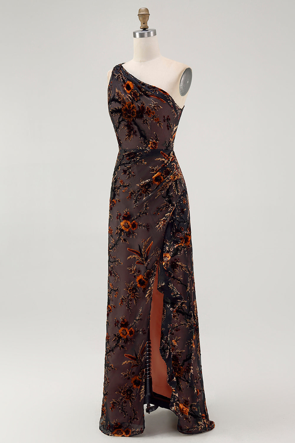 One Shoulder Black Floral Sheath Bridesmaid Dress