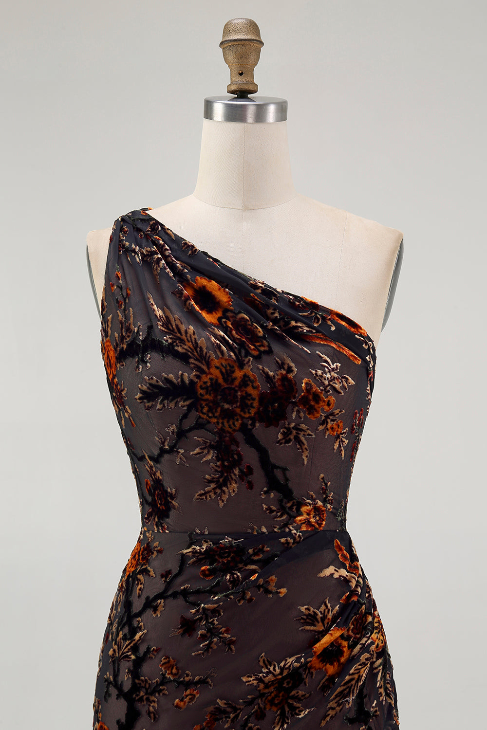 One Shoulder Black Floral Sheath Bridesmaid Dress