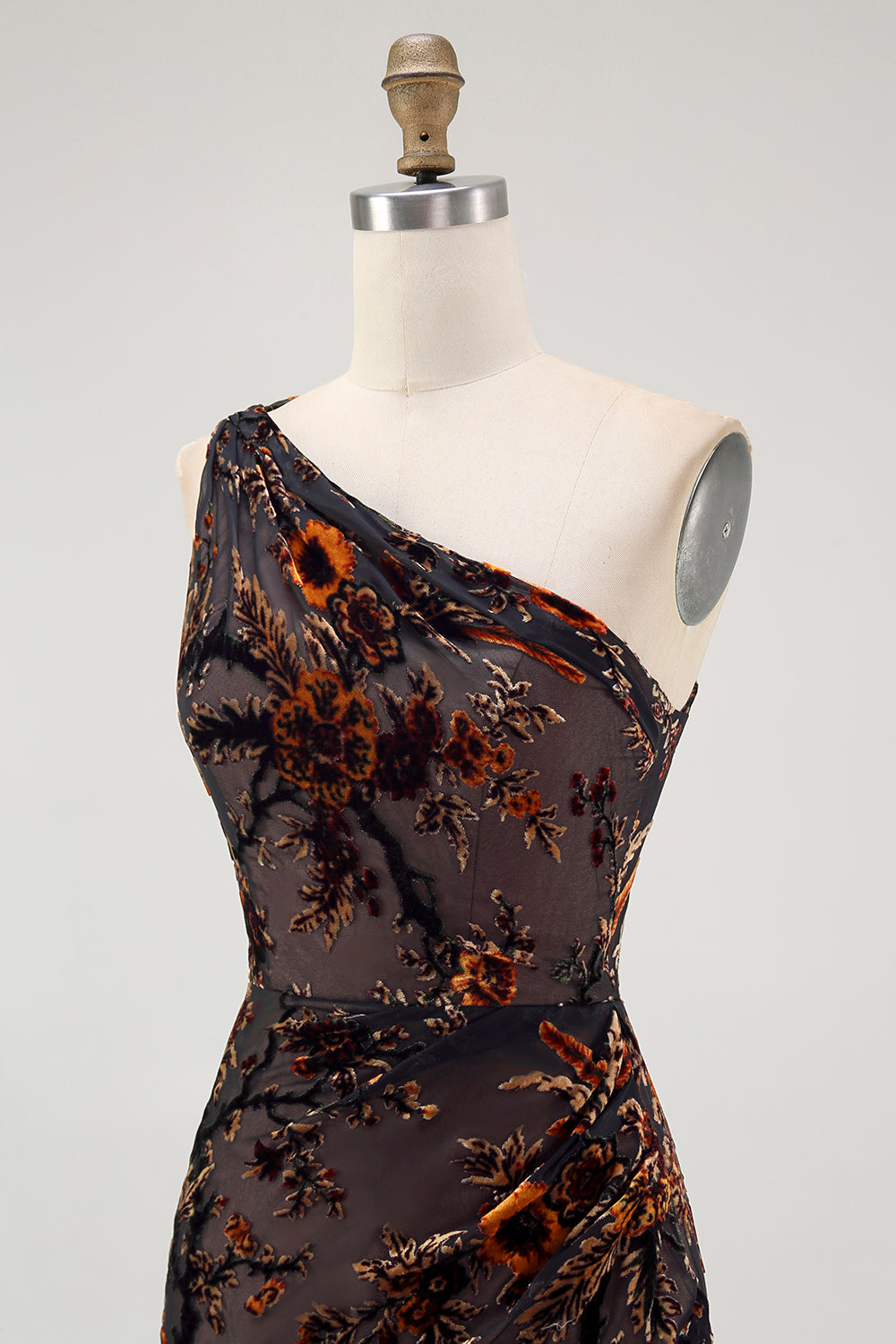 One Shoulder Black Floral Sheath Bridesmaid Dress