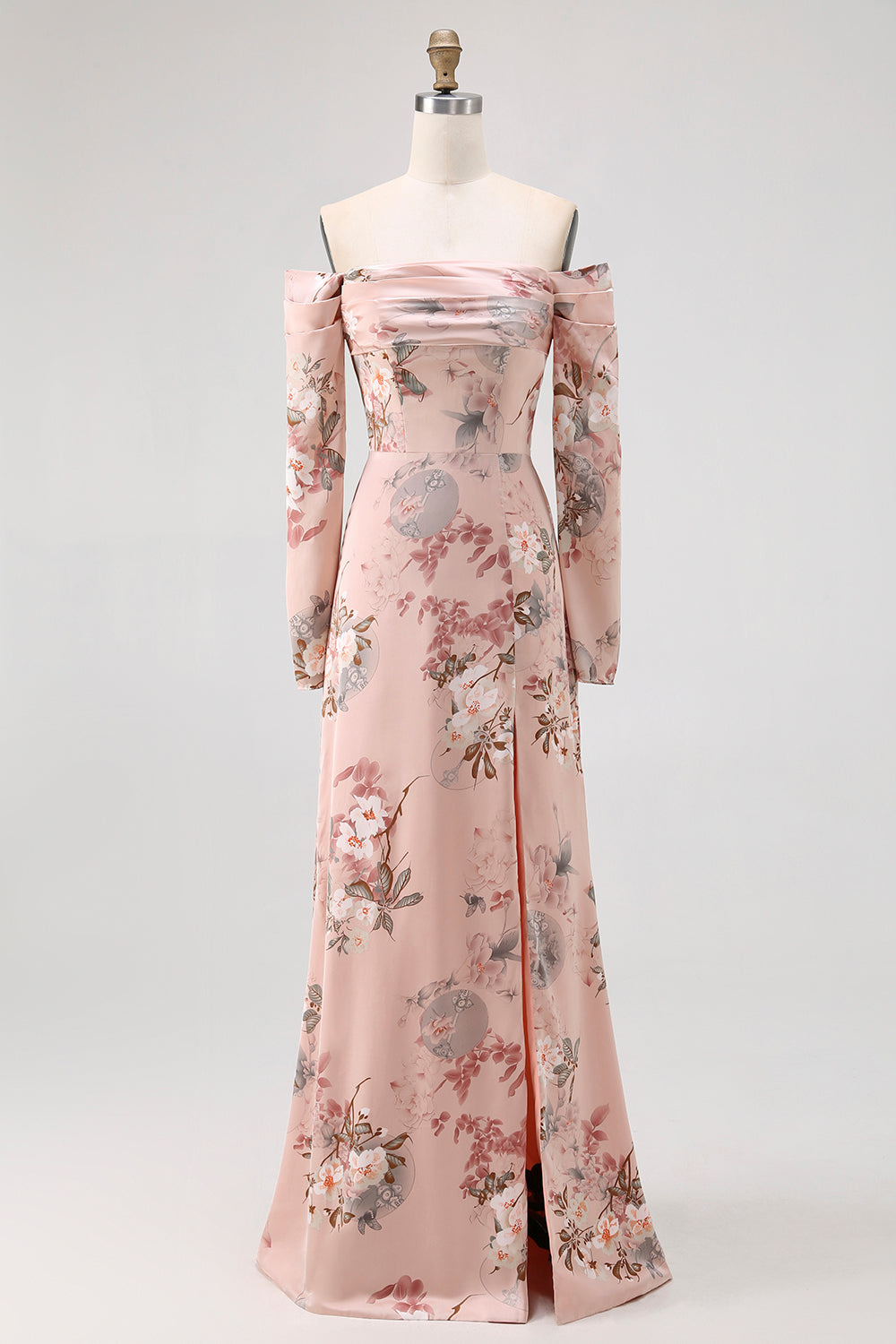 Blush Floral Off The Shoulder Sheath Long Wedding Guest Dress with Slit