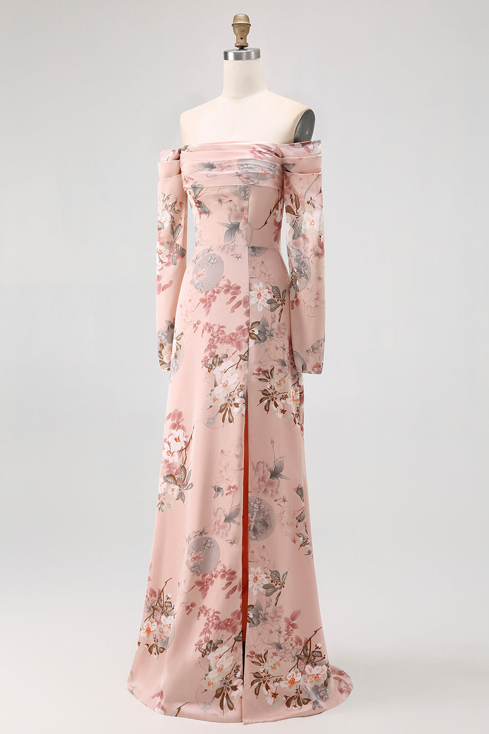 Blush Floral Off The Shoulder Sheath Long Wedding Guest Dress with Slit