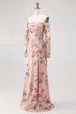 Blush Floral Off The Shoulder Sheath Long Wedding Guest Dress with Slit