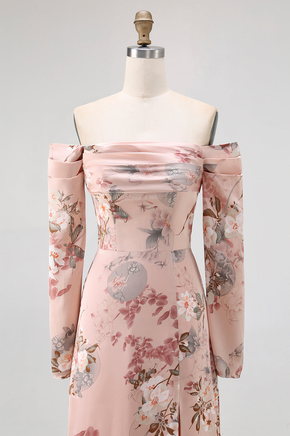 Blush Floral Off The Shoulder Sheath Long Wedding Guest Dress with Slit