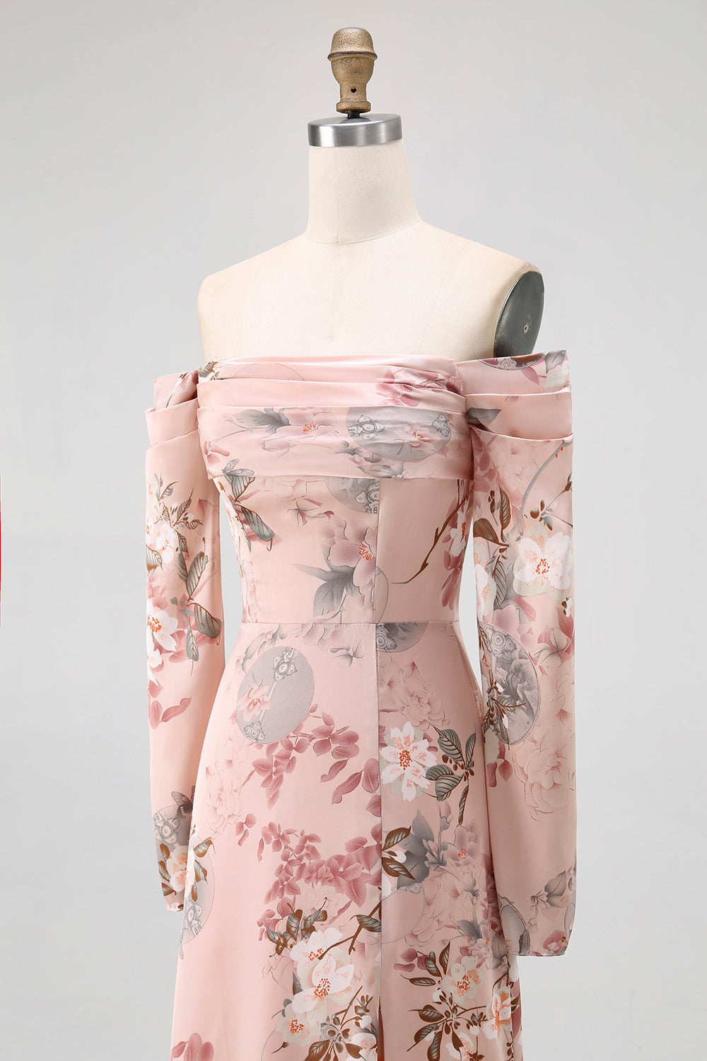 Blush Floral Off The Shoulder Sheath Long Wedding Guest Dress with Slit
