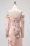 Blush Floral Off The Shoulder Sheath Long Wedding Guest Dress with Slit