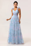 Blue A Line Cut Out Floral Long Bridesmaid Dress