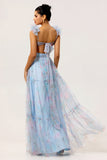 Blue A Line Cut Out Floral Long Bridesmaid Dress