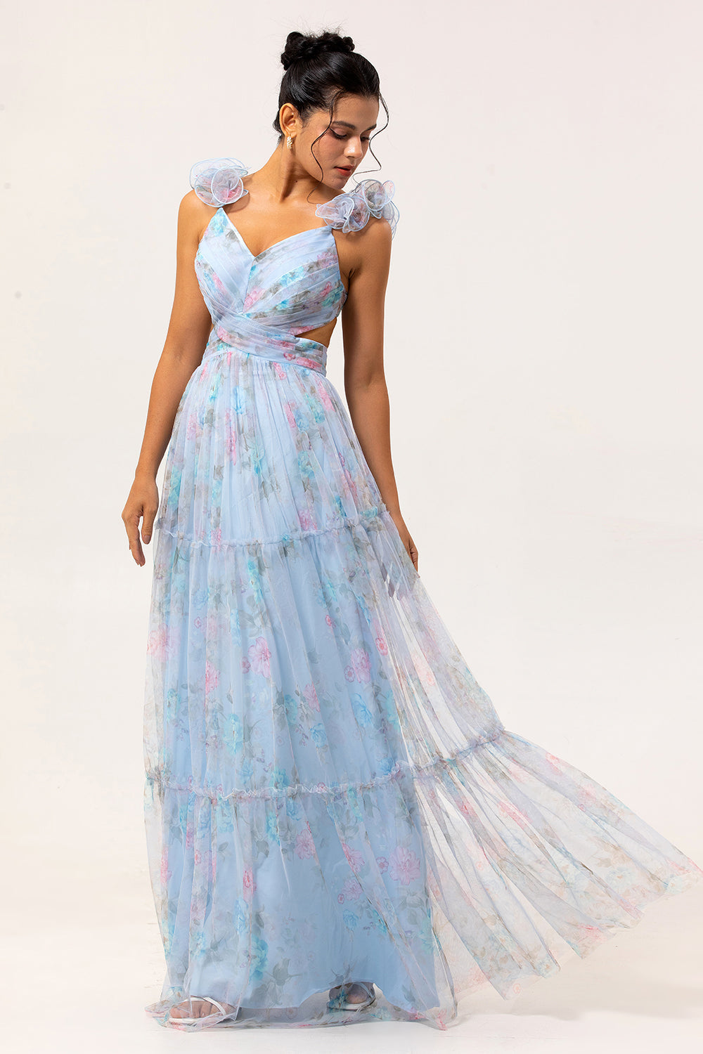 Blue A Line Cut Out Floral Long Bridesmaid Dress