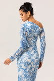One Shoulder Sheath Blue Flower Long Sleeves Bridesmaid Dress with Slit