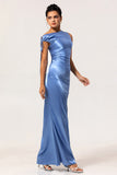 One Shoulder Blue Satin Sheath Bridesmaid Dress with Slit