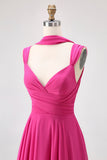 Fuchsia A Line Convertible Chiffon Bridesmaid Dress with Slit