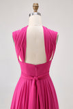 Fuchsia A Line Convertible Chiffon Bridesmaid Dress with Slit