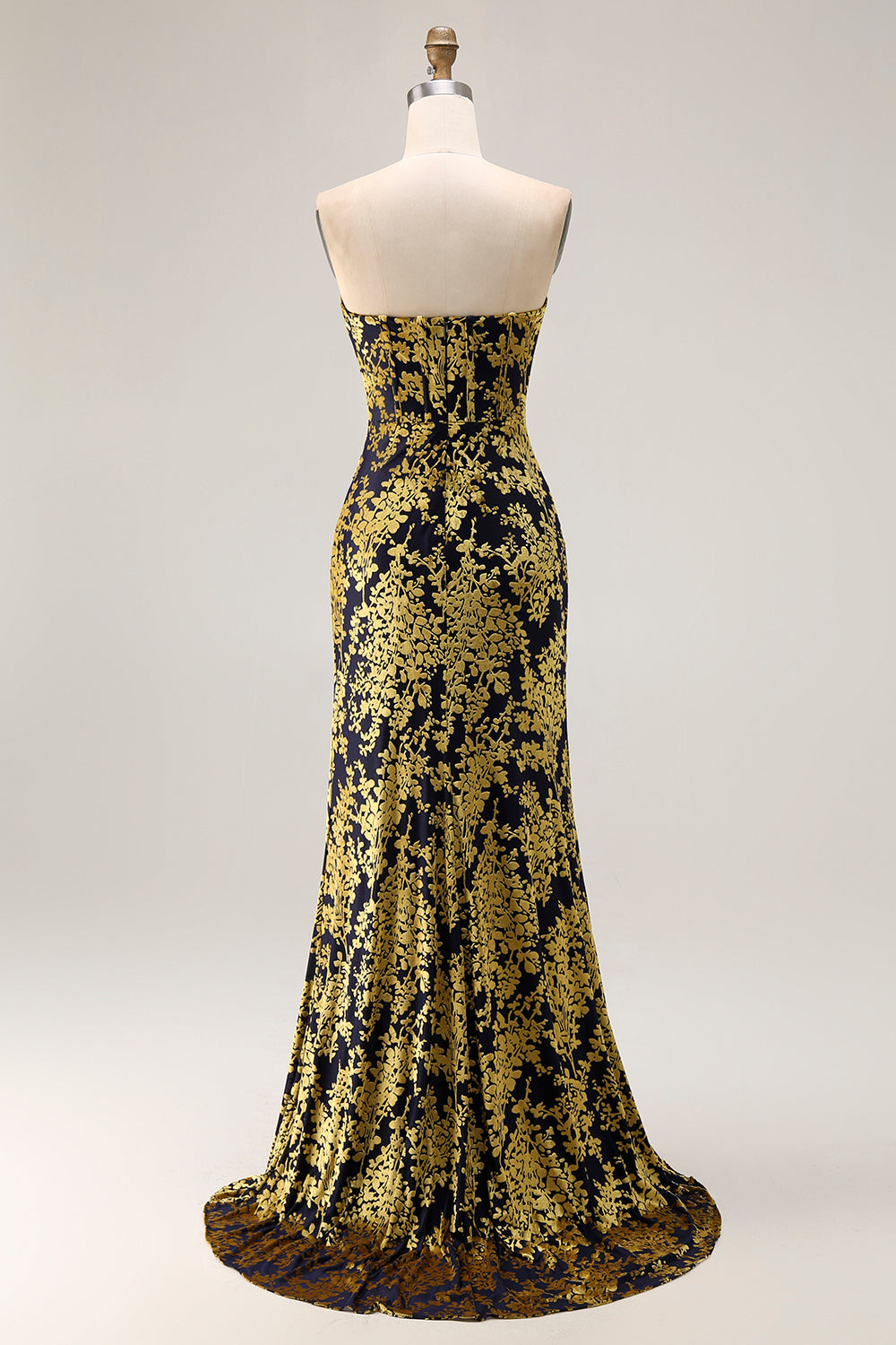 Strapless Peacock Green Corset Burnout Velvet Bridesmaid Dress with Slit