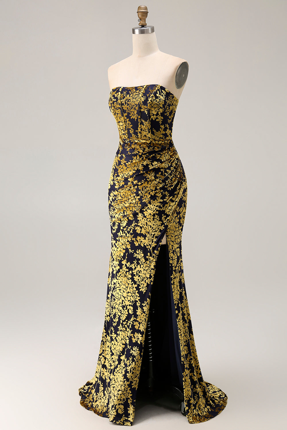 Strapless Peacock Green Corset Burnout Velvet Bridesmaid Dress with Slit