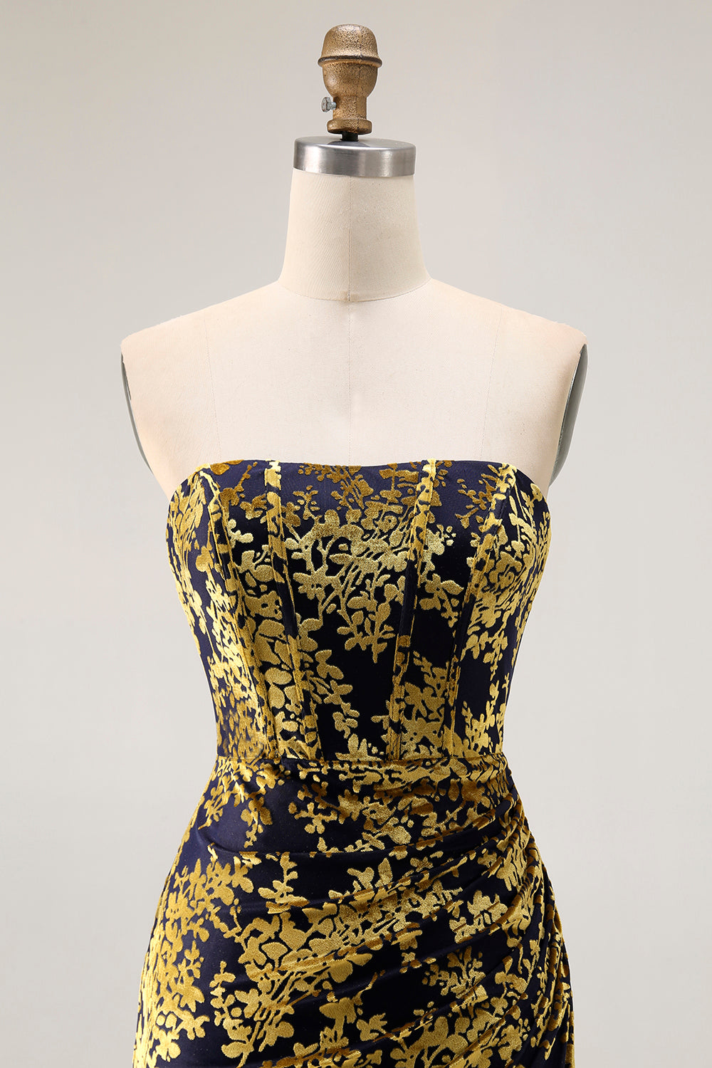 Strapless Peacock Green Corset Burnout Velvet Bridesmaid Dress with Slit