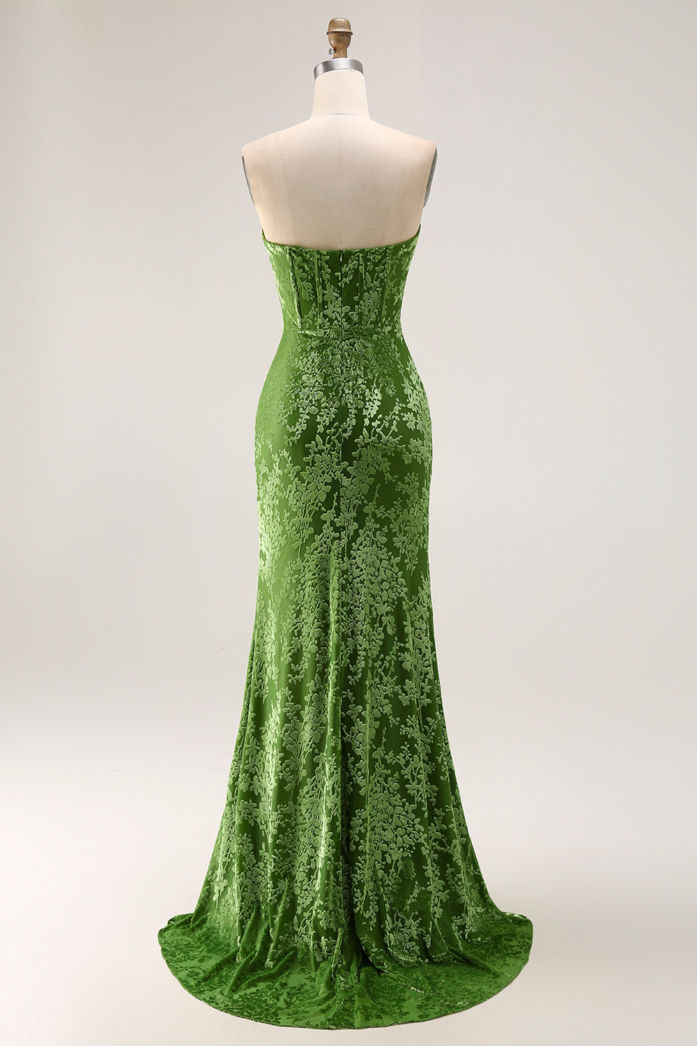 Strapless Peacock Green Corset Burnout Velvet Bridesmaid Dress with Slit