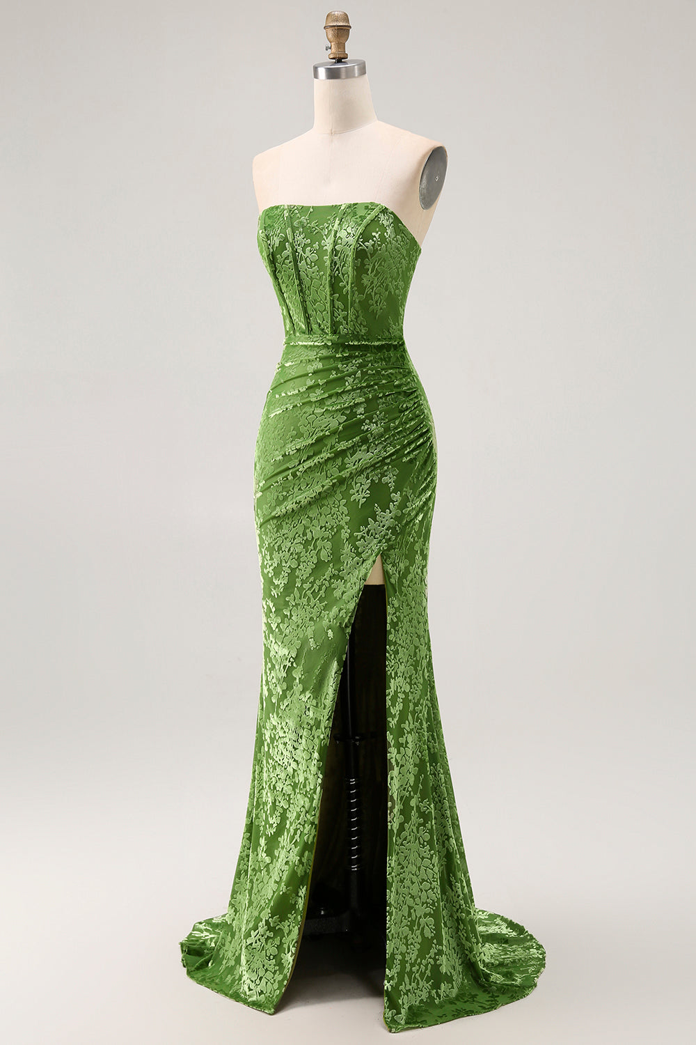 Strapless Peacock Green Corset Burnout Velvet Bridesmaid Dress with Slit