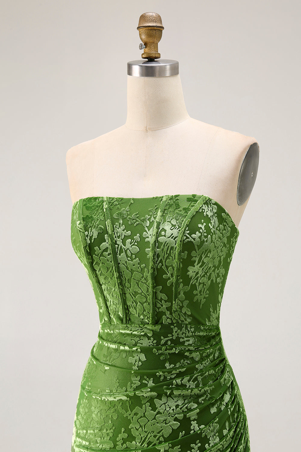 Strapless Peacock Green Corset Burnout Velvet Bridesmaid Dress with Slit