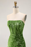 Strapless Peacock Green Corset Burnout Velvet Bridesmaid Dress with Slit