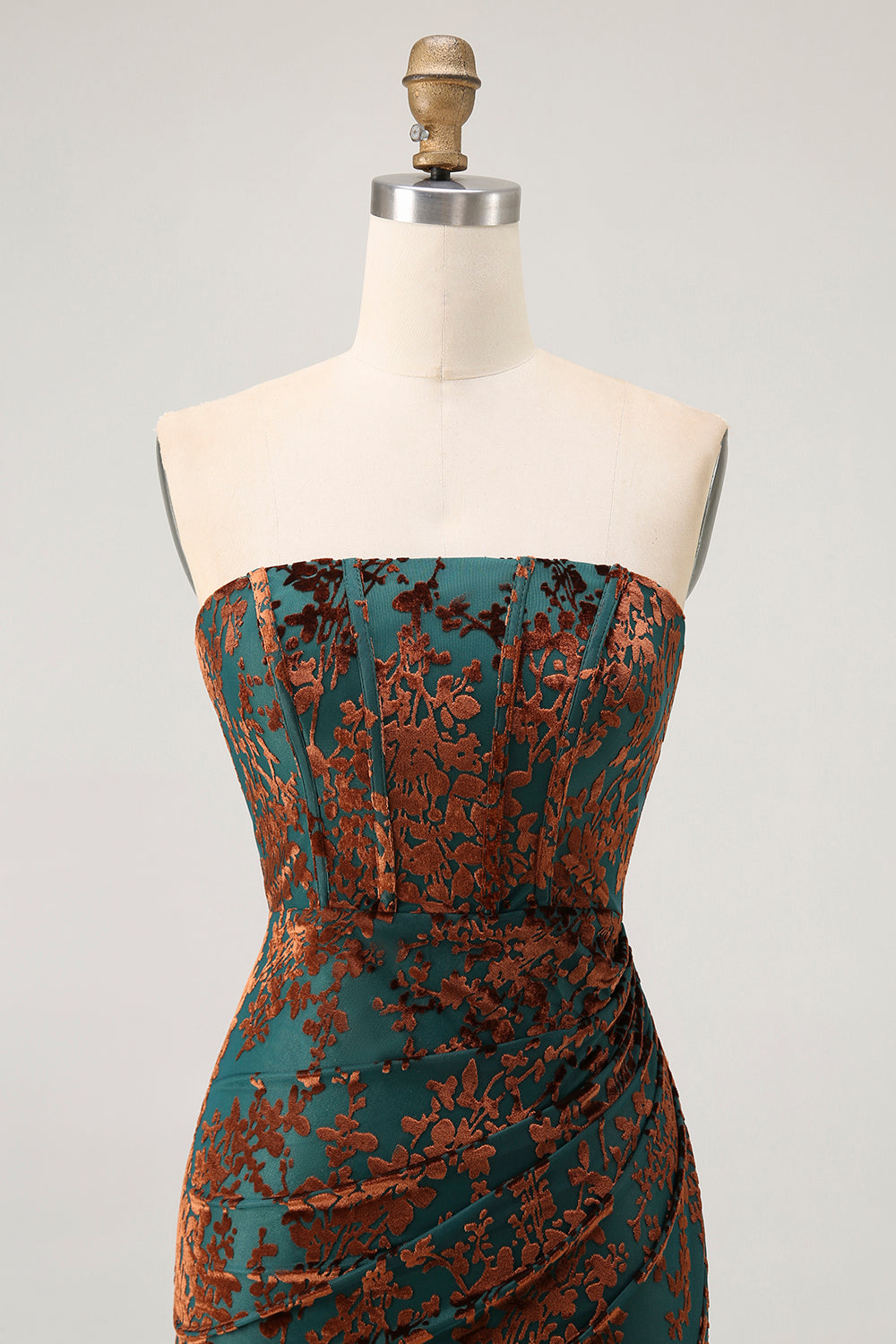 Strapless Peacock Green Corset Burnout Velvet Bridesmaid Dress with Slit