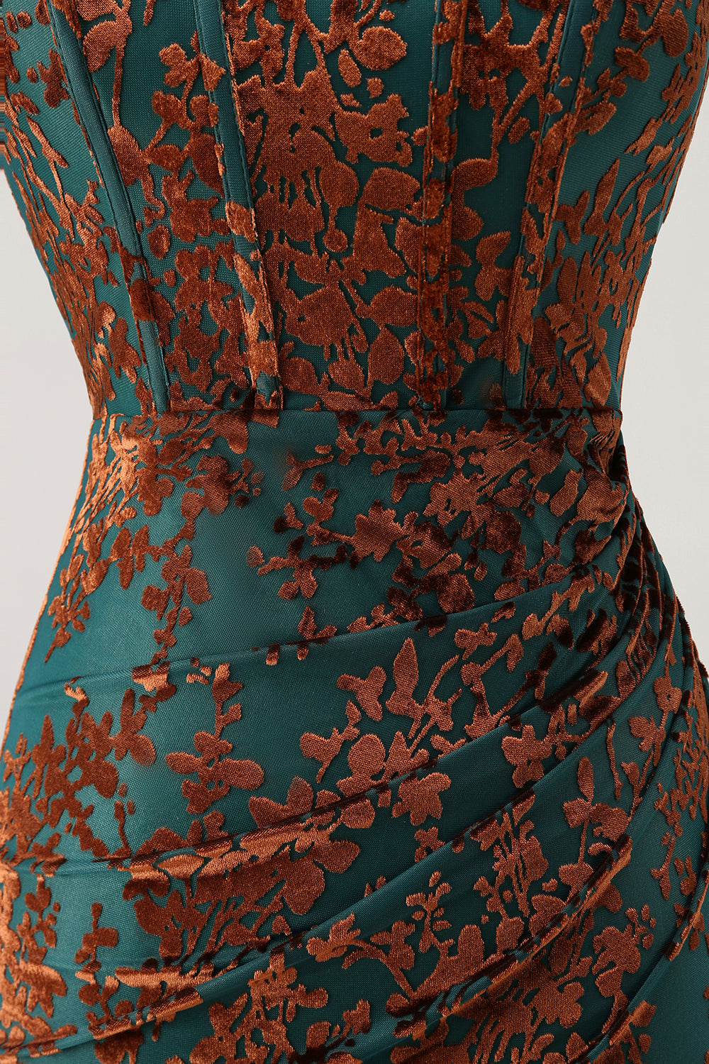 Strapless Peacock Green Corset Burnout Velvet Bridesmaid Dress with Slit