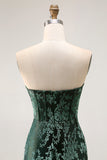 Strapless Peacock Green Corset Burnout Velvet Bridesmaid Dress with Slit