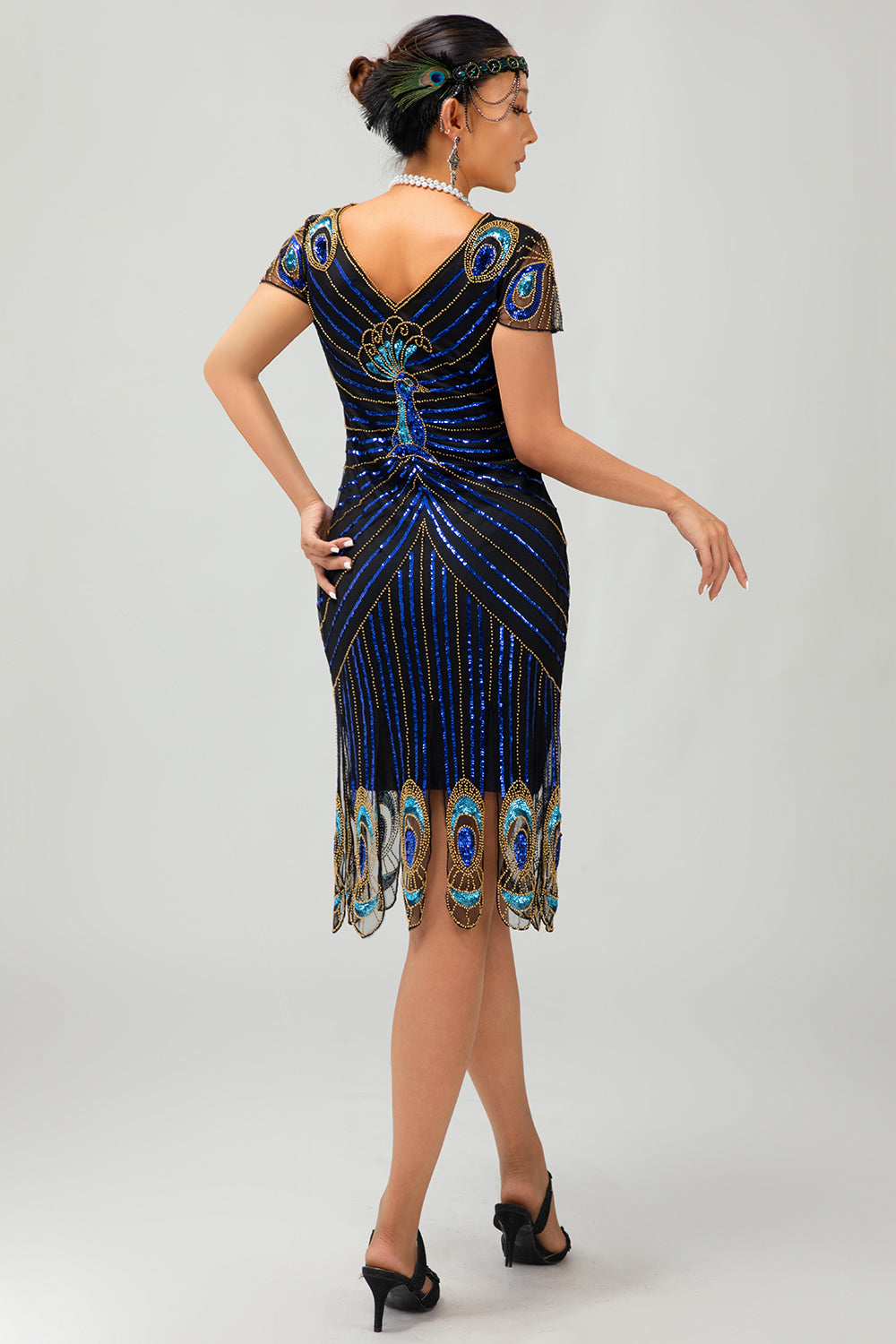 Black Golden Fringe Sequins 1920s Dress with 5-Piece Accessories Set