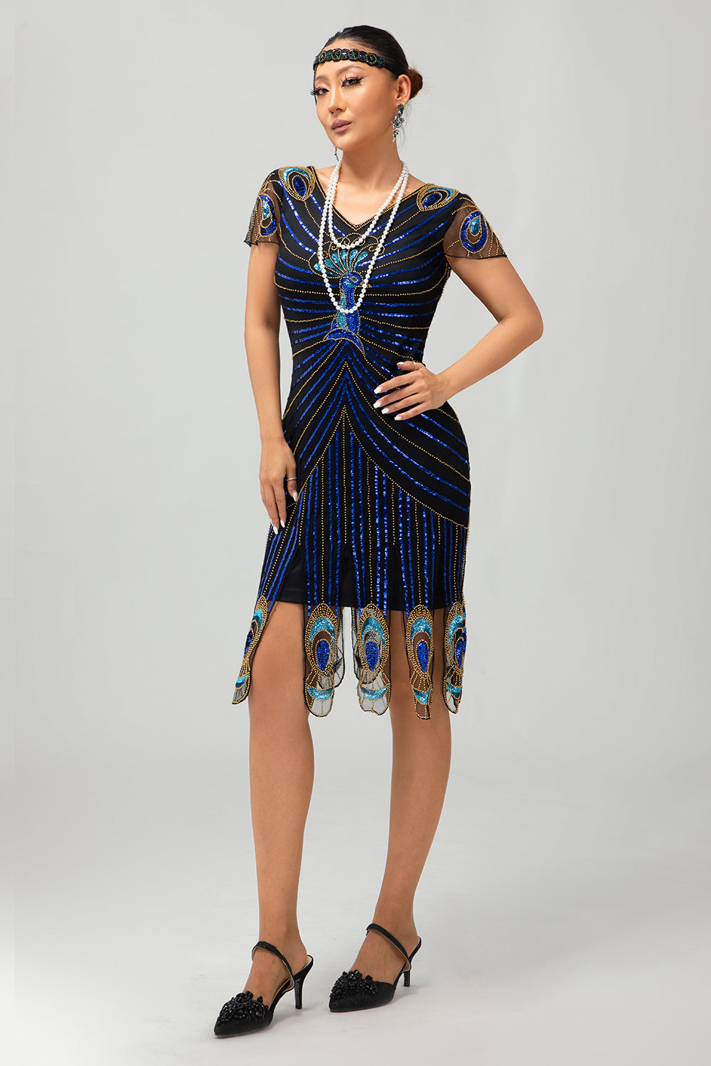 Black Golden Fringe Sequins 1920s Dress with 5-Piece Accessories Set