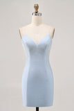 Light Blue Bodycon Spaghetti Straps Beaded Cocktail Dress
