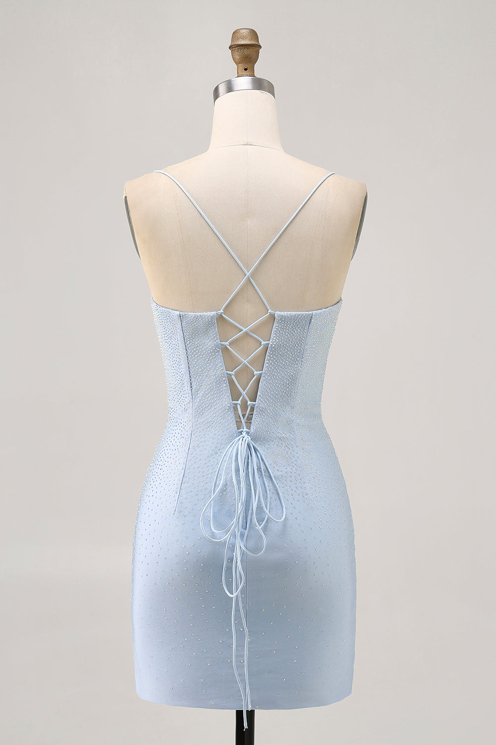 Light Blue Bodycon Spaghetti Straps Beaded Cocktail Dress