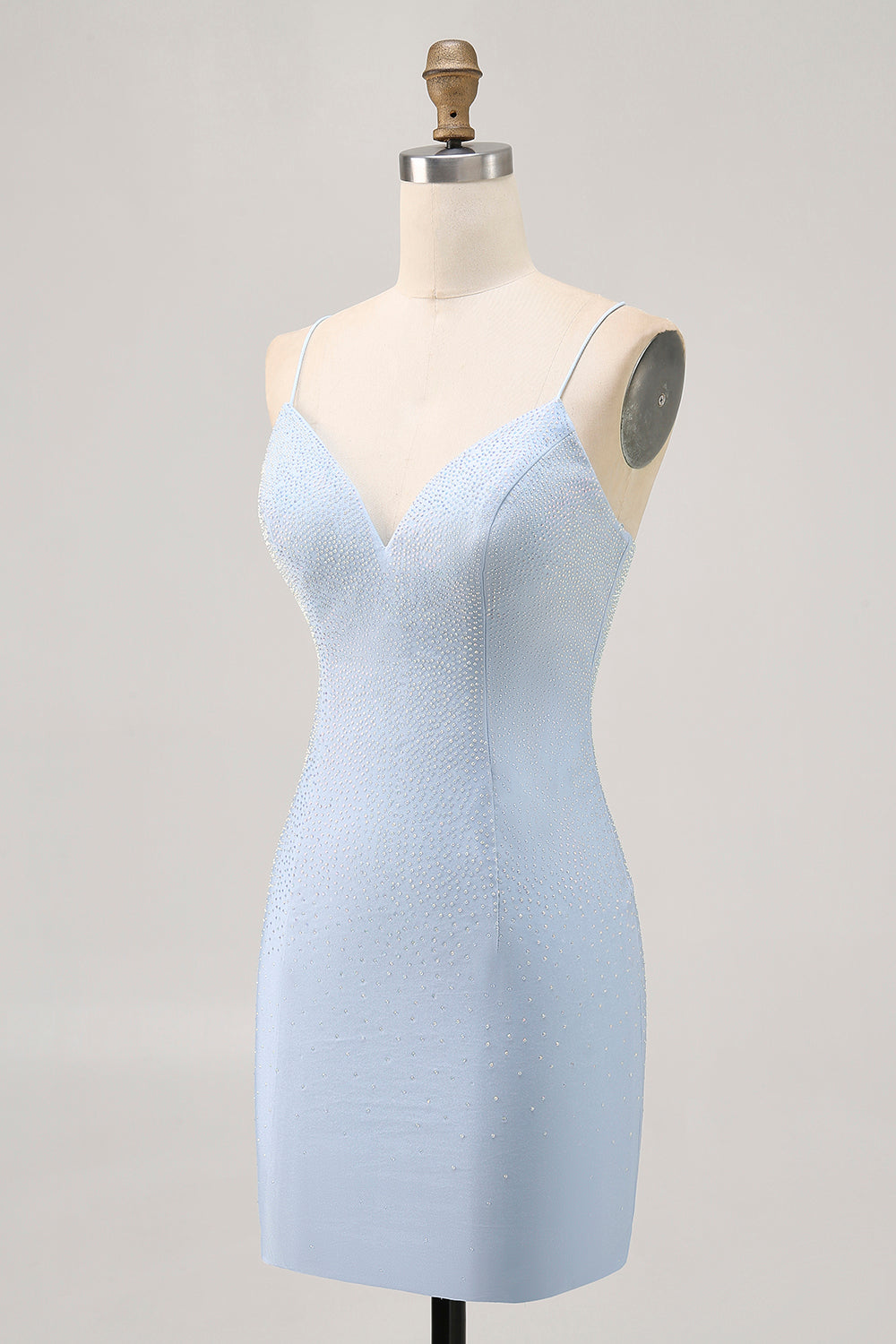 Light Blue Bodycon Spaghetti Straps Beaded Cocktail Dress