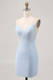 Light Blue Bodycon Spaghetti Straps Beaded Cocktail Dress