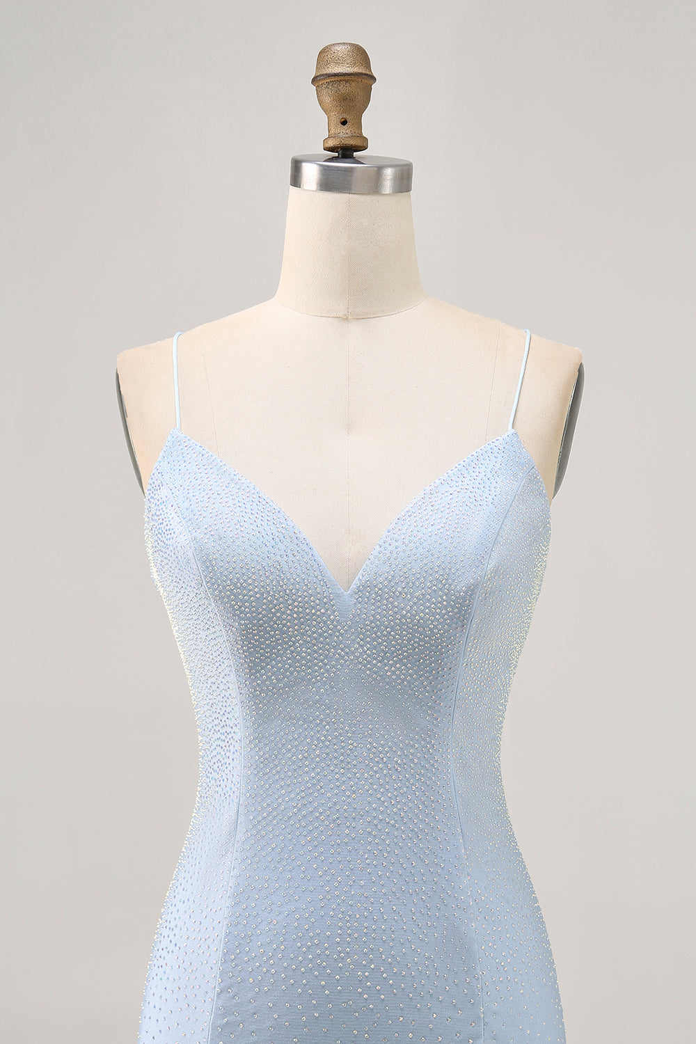 Light Blue Bodycon Spaghetti Straps Beaded Cocktail Dress