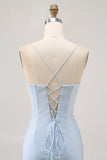 Light Blue Bodycon Spaghetti Straps Beaded Cocktail Dress