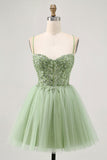 Green A Line Corset Short Prom Dress with Appliques