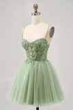 Green A Line Corset Short Prom Dress with Appliques