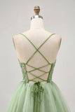 Green A Line Corset Short Prom Dress with Appliques