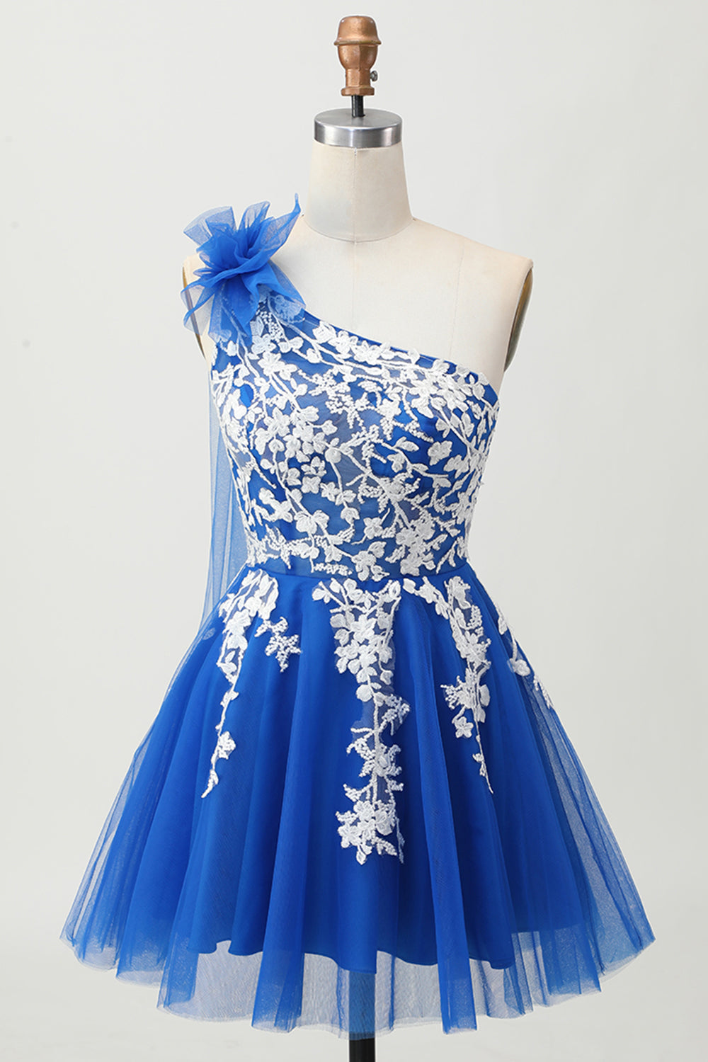 Royal Blue A-Line One Shoulder Tulle Cocktail Dress with Lace Up Back