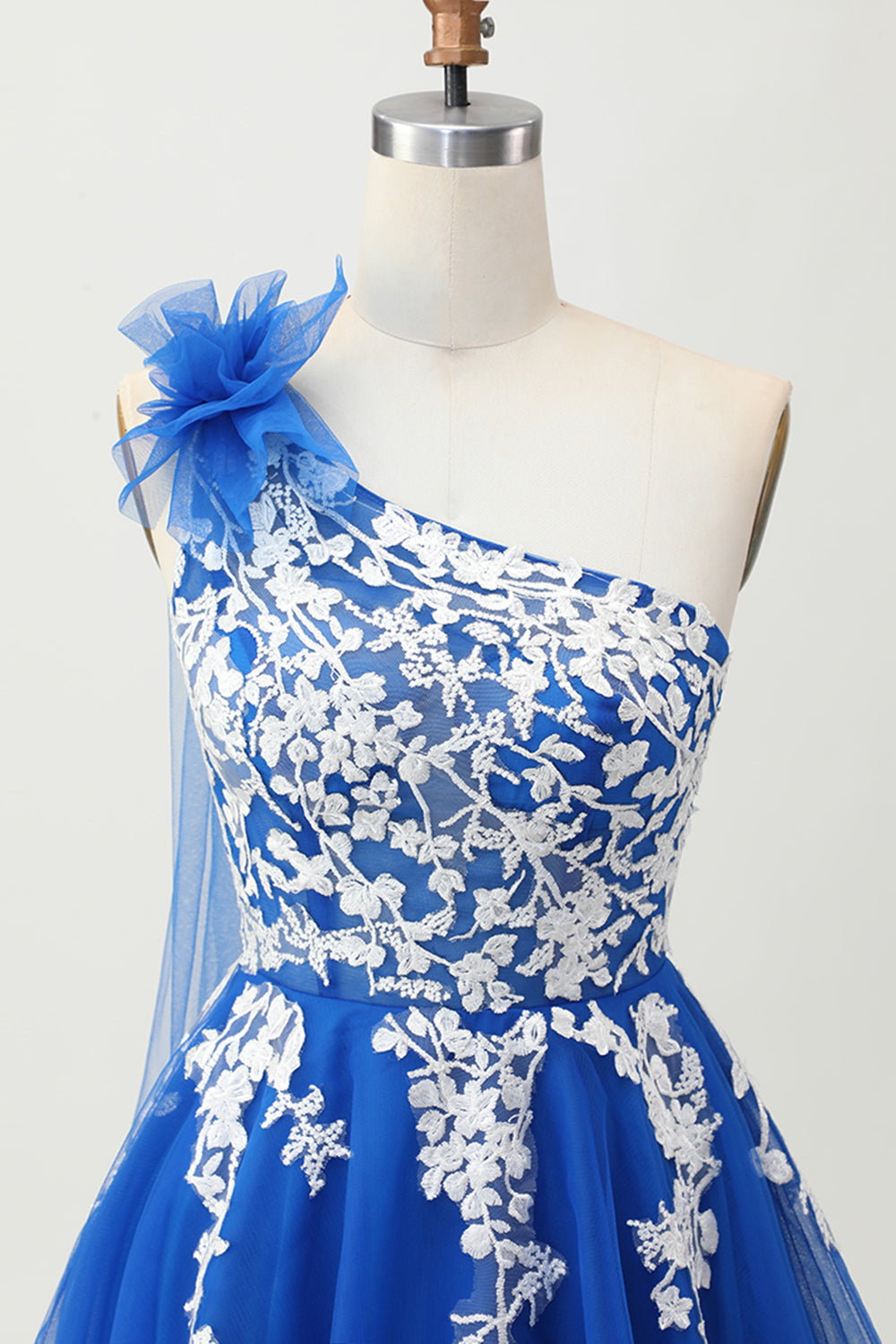 Royal Blue A-Line One Shoulder Tulle Cocktail Dress with Lace Up Back