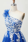 Royal Blue A-Line One Shoulder Tulle Cocktail Dress with Lace Up Back