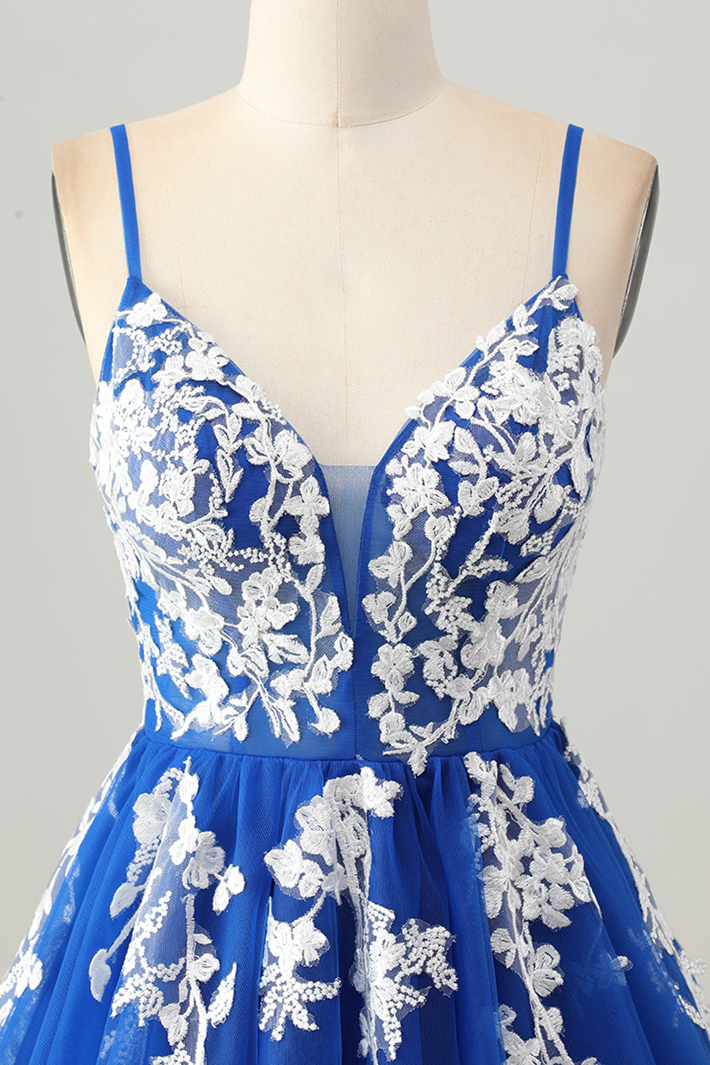 Royal Blue A-Line Spaghetti Straps Tulle Short Prom Dress with Lace Up Back